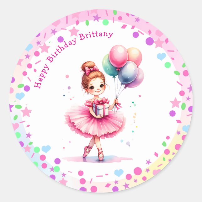 Pretty Pink Ballerina Girl's Birthday Party Classic Round Sticker (Front)