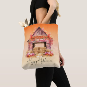 Pretty Pink Barn and Pumpkins Orange Halloween Tote Bag