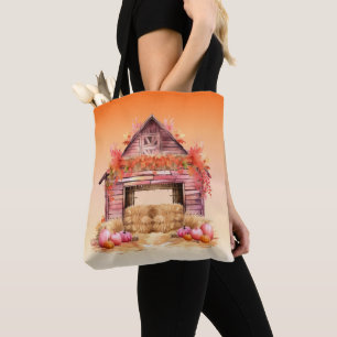 Pretty Pink Barn and Pumpkins Orange Halloween Tote Bag