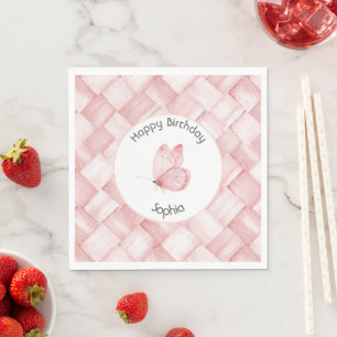 Pretty Pink Basket Weave Butterfly Birthday Napkin