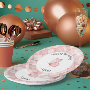 Pretty Pink Basket Weave Butterfly Birthday Paper Plate