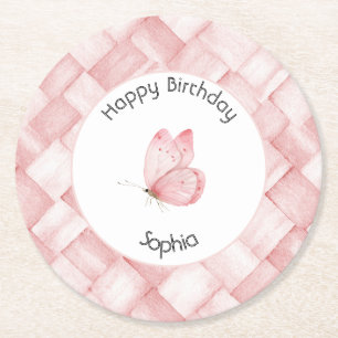 Pretty Pink Basket Weave Butterfly Birthday Round Paper Coaster
