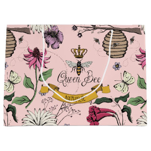 Pretty Pink, Black and Gold Queen Bee, Royal Crown Large Gift Bag