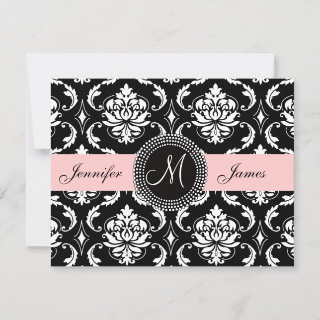 Pretty Pink Black Damask Monogram Save the Date (Front)