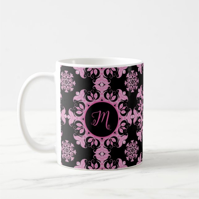 Pretty Pink Black Floral Leaves Filigree Monogram  Coffee Mug (Left)