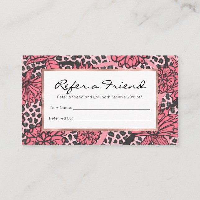 Pretty Pink Black Floral Leopard Print Pattern Referral Card (Front)