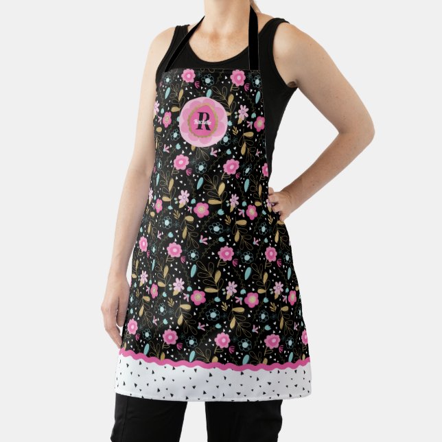 Pretty Pink Black Floral Monogram All-Over Print Apron (Insitu)