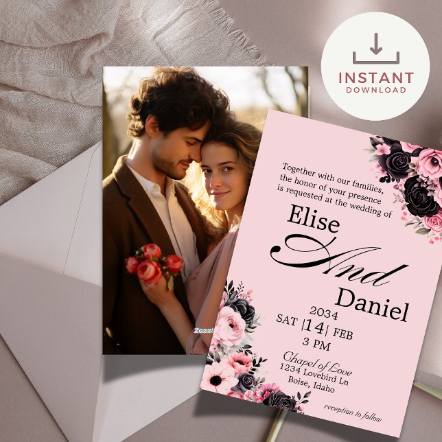 Pretty Pink & Black Floral Wedding Invitation (Creator Uploaded)