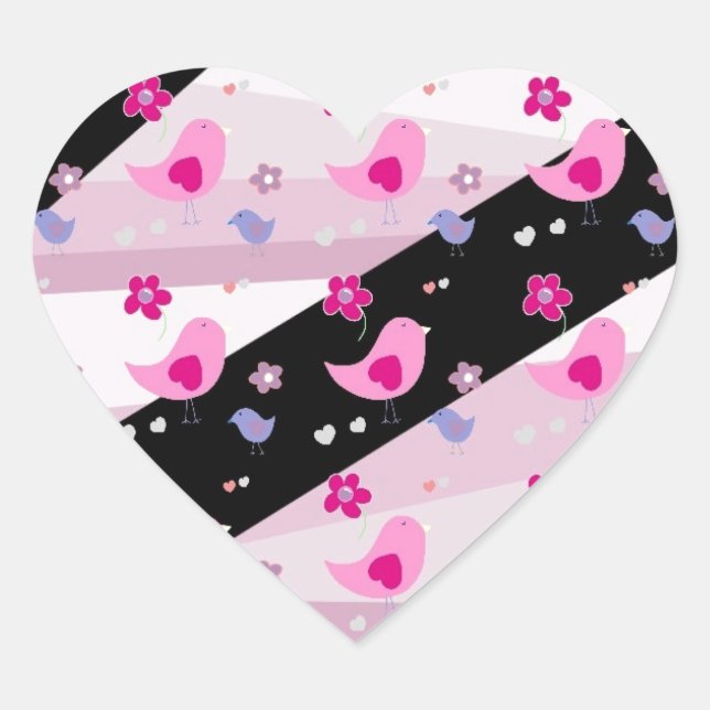 Pretty Pink black grey bird pattern gift accessory Heart Sticker (Front)