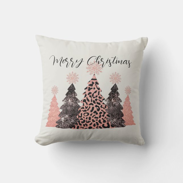 Pretty Pink Black Merry Christmas Trees Holiday Cushion (Front)