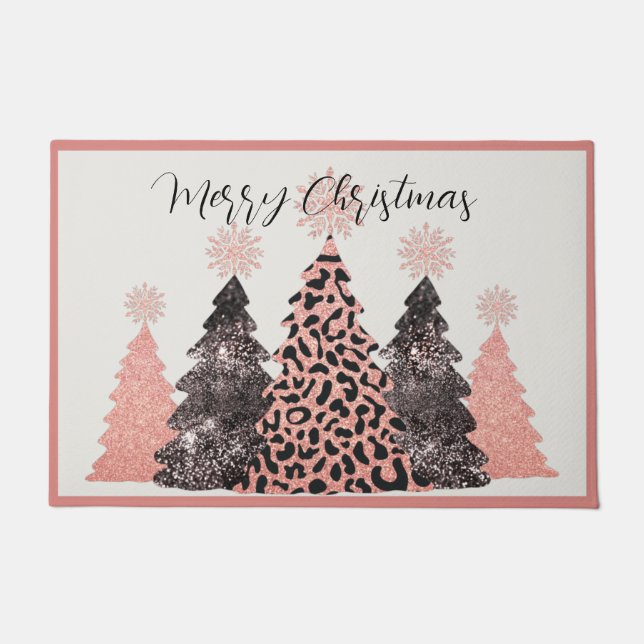 Pretty Pink Black Merry Christmas Trees Holiday Doormat (Front)
