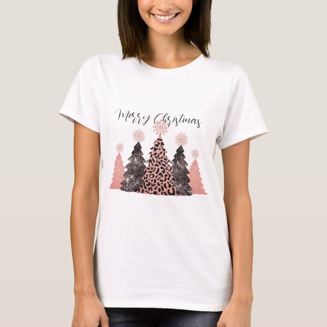 Pretty Pink Black Merry Christmas Trees Holiday T-Shirt (Front)
