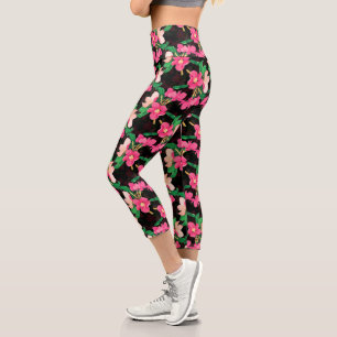 Pretty Pink Blossom Flowers Paint Black Design Capri Leggings