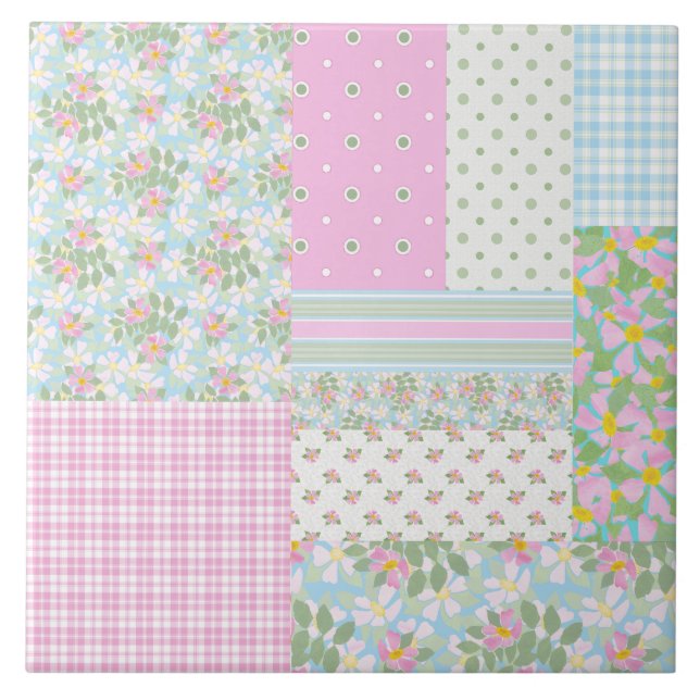 Pretty Pink Blue Dog Roses Faux Patchwork Tile (Front)