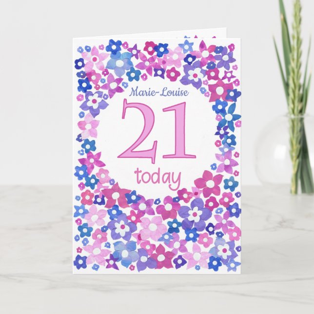 Pretty Pink Blue Floral Custom Front 21st Birthday Card (Front)