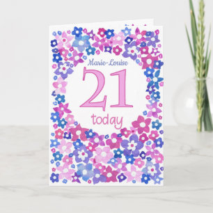Pretty Pink Blue Floral Custom Front 21st Birthday Card