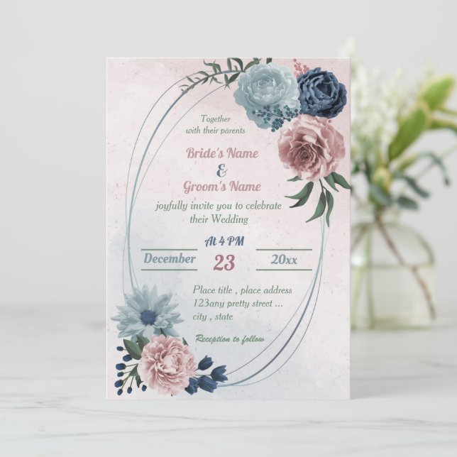 pretty pink blue floral greenery geometric wedding invitation (Standing Front)