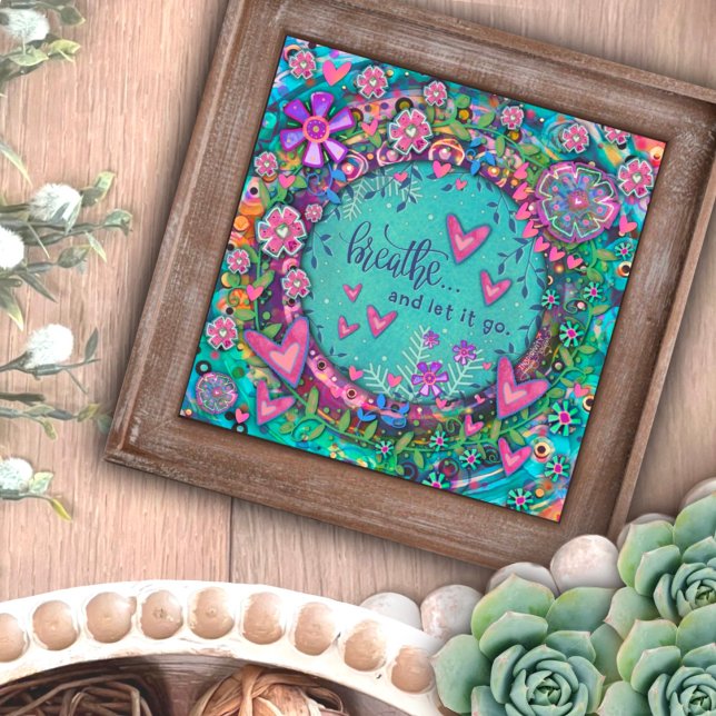 Pretty Pink Blue Floral Heart Breathe Quote  Photo Print (Creator Uploaded)