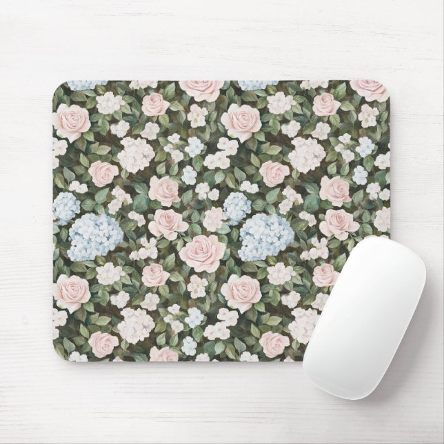 Pretty Pink Blue Flowers Mouse Mat (With Mouse)