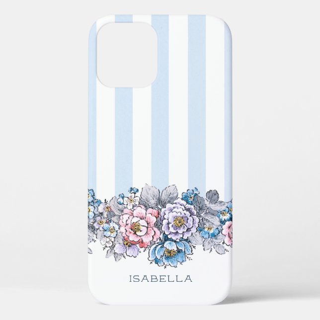 Pretty Pink & Blue Flowers & Stripes w/Name Case-Mate iPhone Case (Back)
