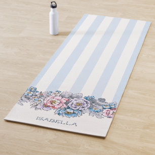 Pretty Pink & Blue Flowers & Stripes w/Name Yoga Mat
