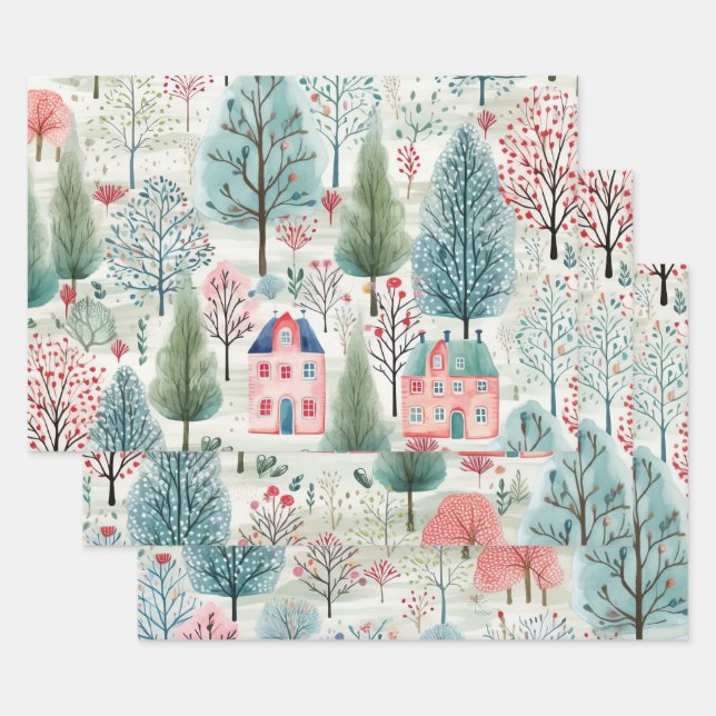 Pretty Pink Blue Green Village Trees Wrapping Paper Sheet (Set)