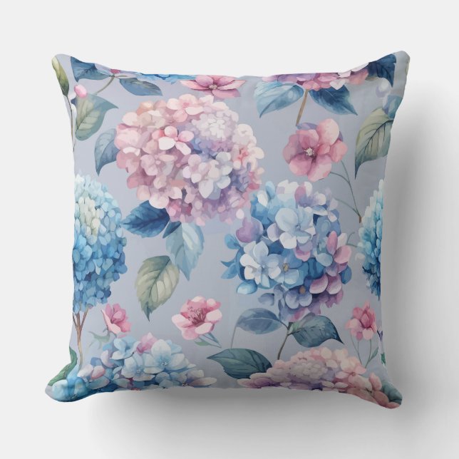 PRETTY PINK & BLUE HYDRANGEA FLORAL BLOOMS CUSHION (Front)