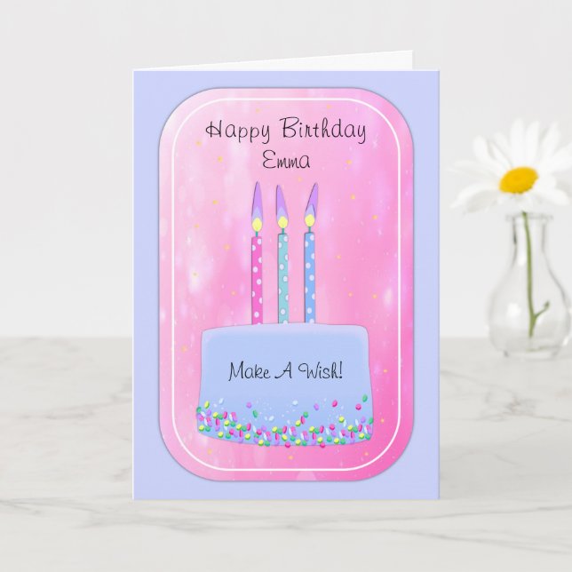 Pretty Pink & Blue Party Cake and Candles Birthday Card (Small Plant)