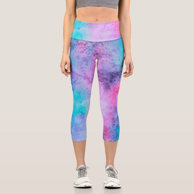 Pretty Pink Blue Purple Salty Watercolor Art Capri Leggings (Front)