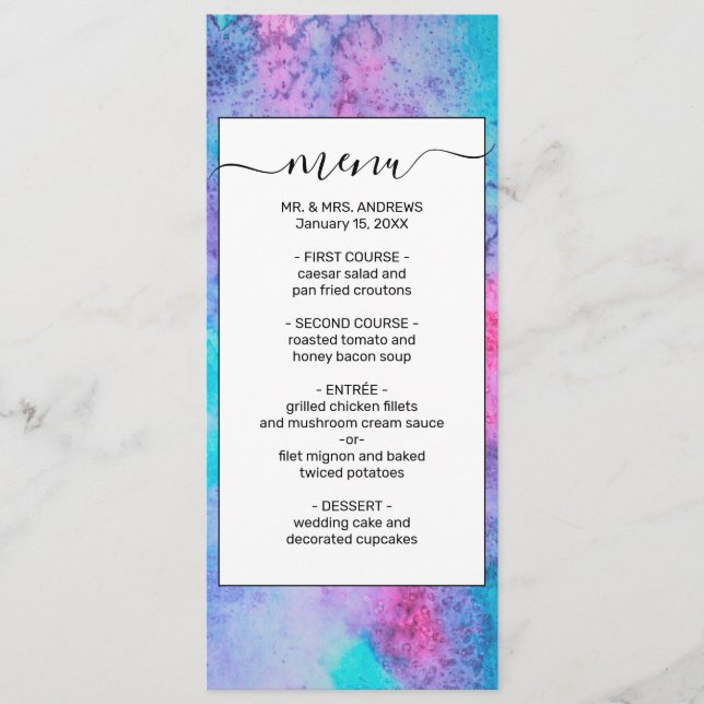 Pretty Pink Blue Purple Salty Watercolor Art Menu (Front)