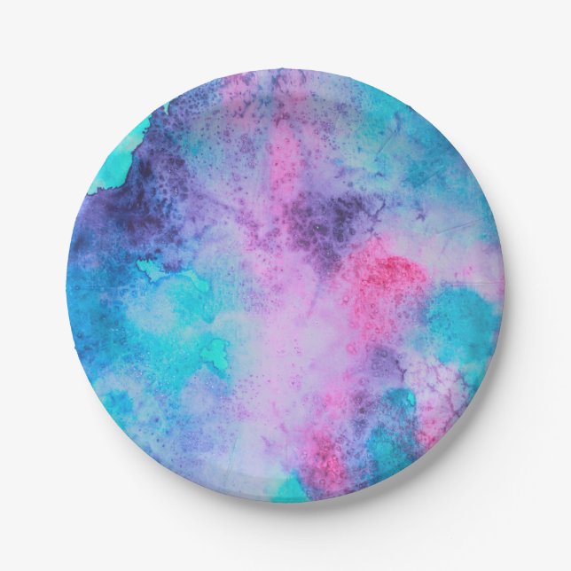 Pretty Pink Blue Purple Salty Watercolor Art Paper Plate (Front)