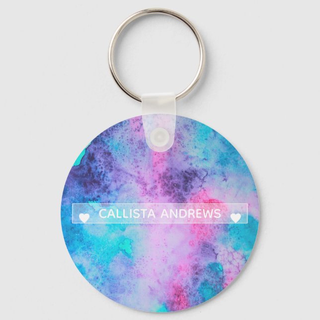 Pretty Pink Blue Purple Salty Watercolor Monogram Key Ring (Front)