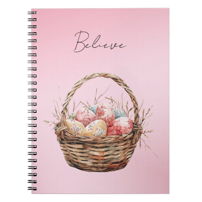 Pretty Pink Blue Spring Floral Easter Eggs Basket Notebook (Front)