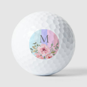 Pretty Pink Blue Stripe Monogram Floral  Golf Balls