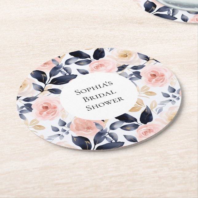 Pretty Pink Blue White Flowers Bridal Shower Round Paper Coaster (Angled)