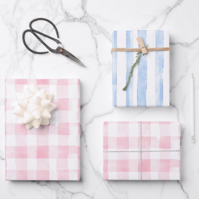 Pretty Pink Blue White Plaid Stripes Bridal Shower Wrapping Paper Sheet (Front)