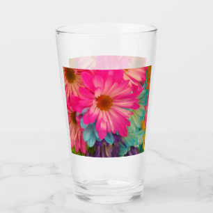 Pretty Pink Blue & Yellow Daisies Glass