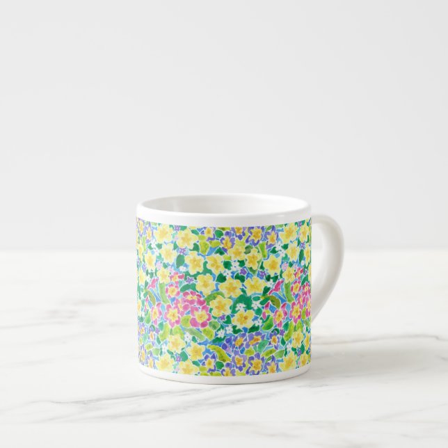 Pretty Pink, Blue, Yellow Primroses Espresso Mug (Front Right)