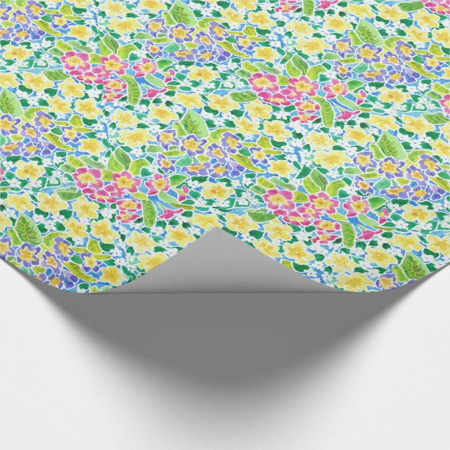 Pretty Pink, Blue, Yellow Primroses Floral Wrapping Paper (Corner)