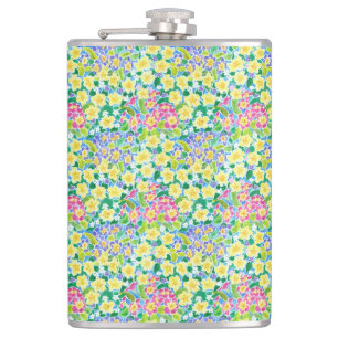 Pretty Pink, Blue, Yellow Primroses Hip Flask