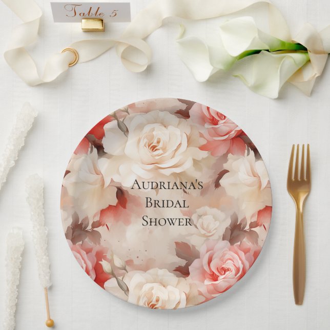 Pretty Pink Blush Cream Floral Bridal Shower Paper Plate (Wedding)