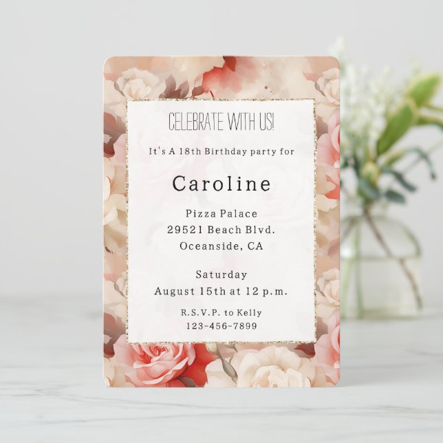 Pretty Pink Blush Cream Rose Floral Birthday   Invitation (Standing Front)