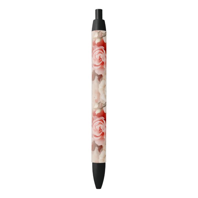 Pretty Pink Blush Cream Rose Floral Black Ink Pen (Front Vertical)