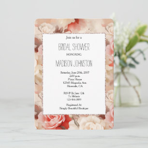Pretty Pink Blush Cream Rose Floral Bridal Shower Invitation
