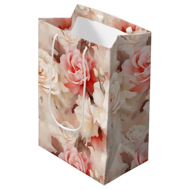 Pretty Pink Blush Cream Rose Floral Bridal Shower Medium Gift Bag (Front Angled)