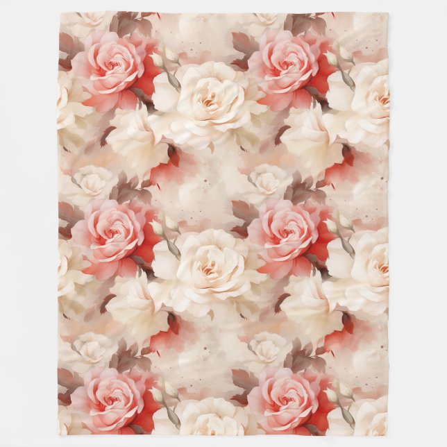 Pretty Pink Blush Cream Rose Floral Fleece Blanket (Front)