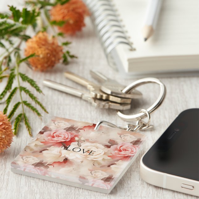 Pretty Pink Blush Cream Rose Floral Key Ring (Front Right)