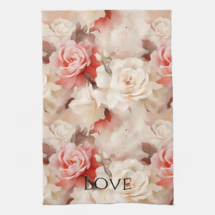 Pretty Pink Blush Cream Rose Floral Tea Towel