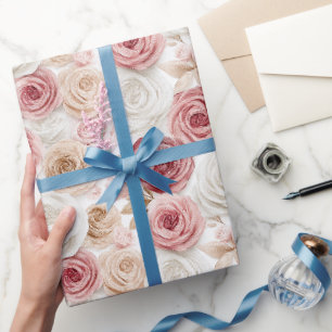 Pretty Pink Blush Cream White Flower Bridal Shower Wrapping Paper