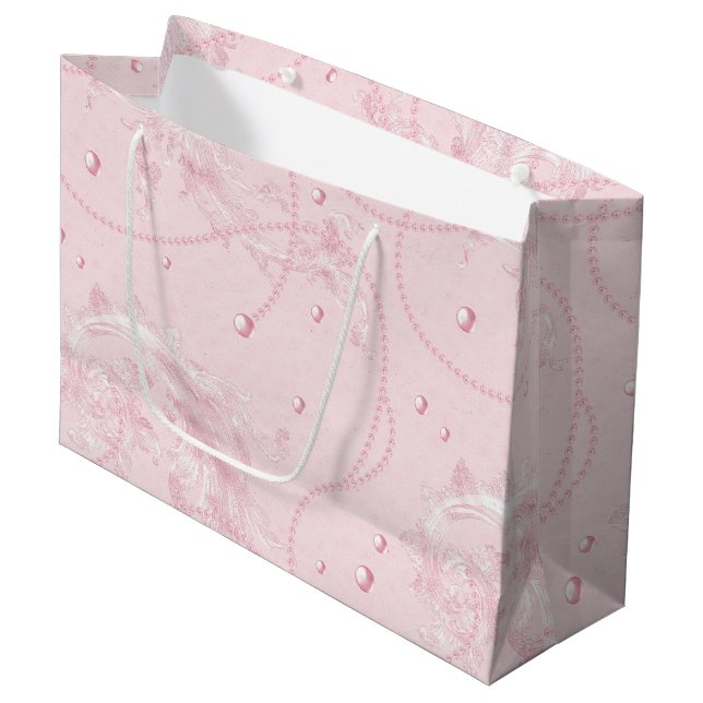 Pretty Pink Blush Elegant Pearls Bridal Shower Large Gift Bag (Front Angled)